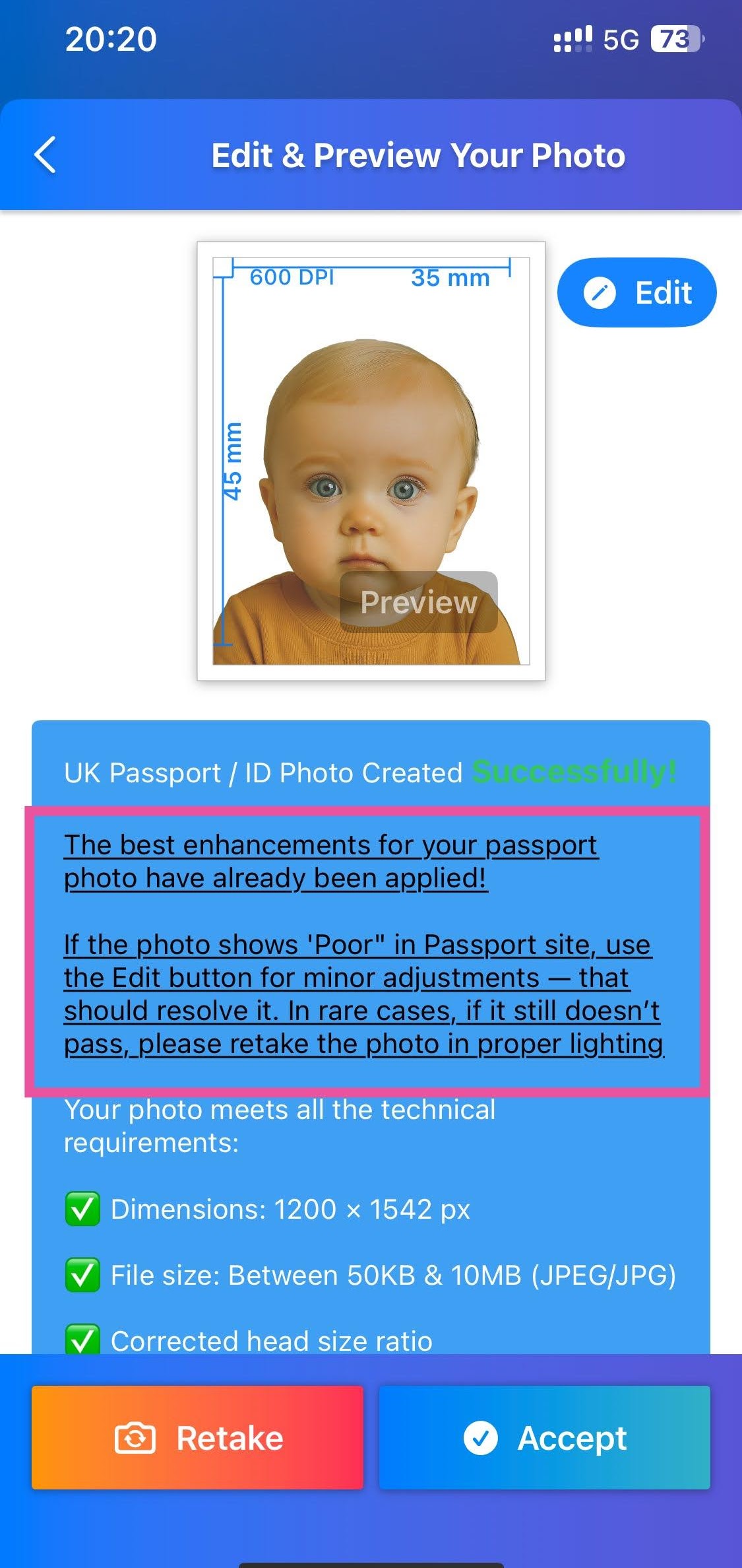 IndiaPassportPhoto passport photo framing check on a phone